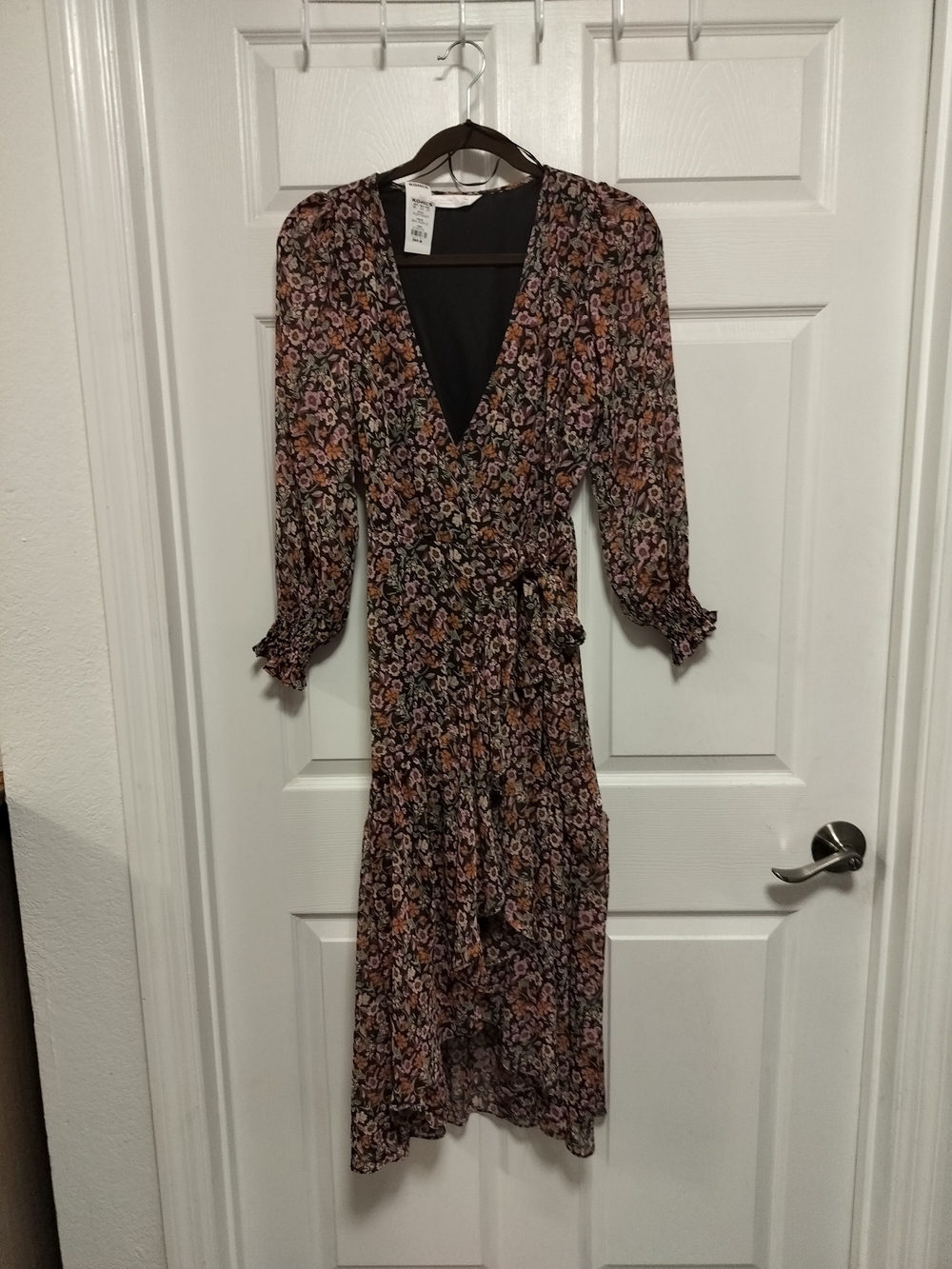 LC Lauren Conrad Black Floral Wrap Midi Dress with Pink & Orange Blossoms